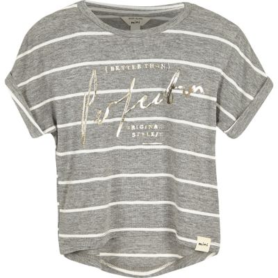 Mini girls grey stripe slogan print t-shirt